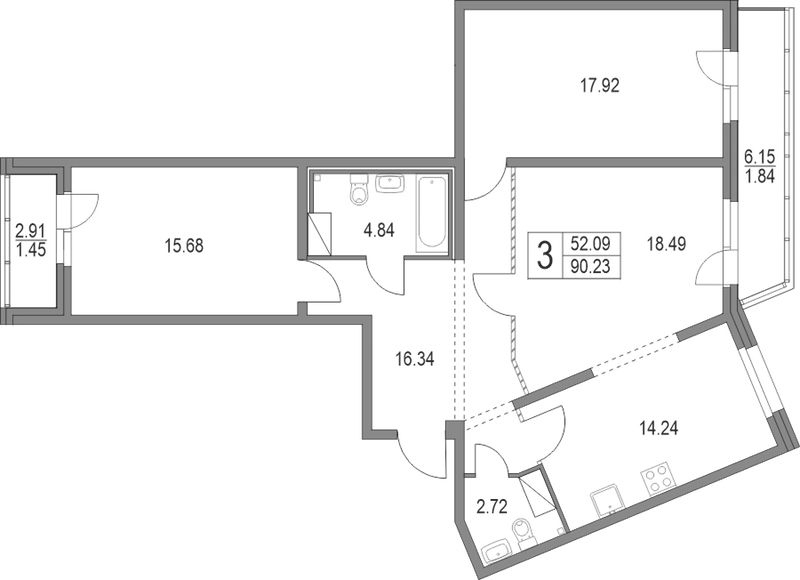 3-комнатная квартира 90.23 м², 2/19 эт., ЖК «Приморский квартал»